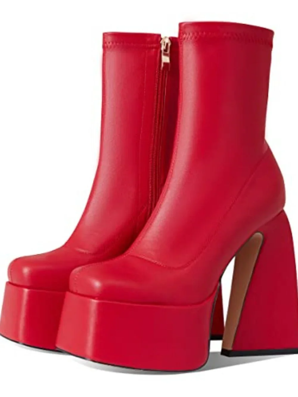 Mid Calf Square Toe Chunky High Heel Platform Boots with Side Zipper